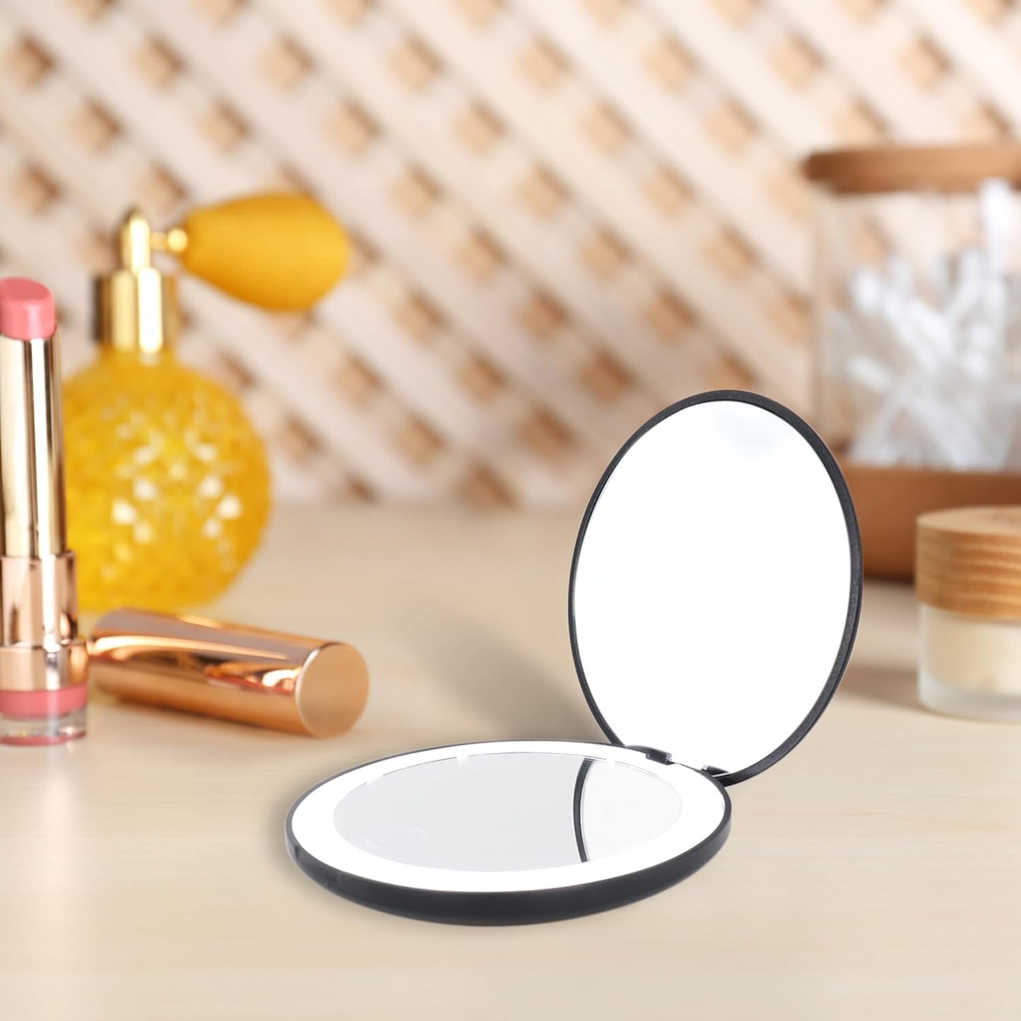 LanJo Lighted Compact Mirror with 1X/5X Magnification, Stepless Dimming & 3 Adjustable Light Settings, Rechargeable Makeup Mirror for Purse, Travel & Gifts – Earth Sign Zodiac Design – Black