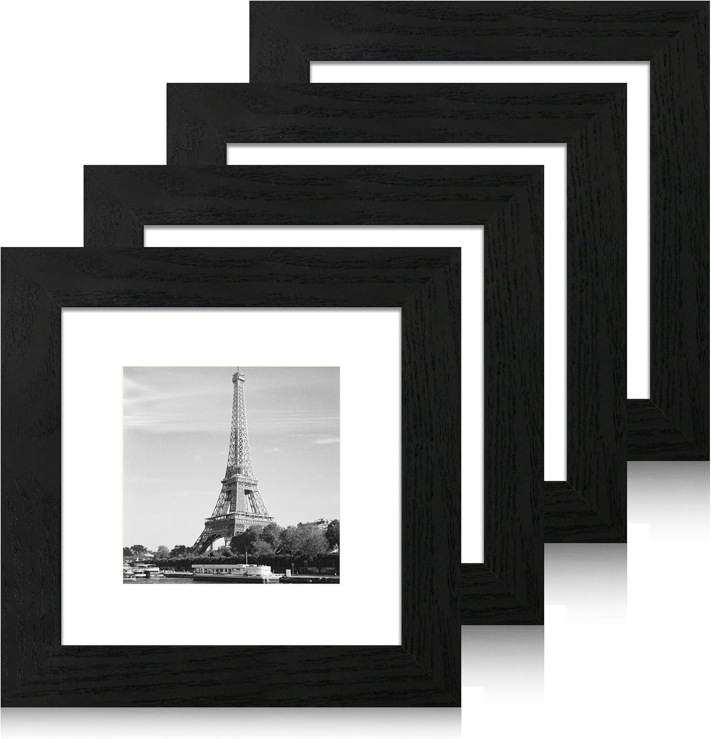 iRahmen 6x6 Picture Frame Set of 4 with High Definition Glass, Black Frames Display 4x4 Picture with Mat or 6 x 6 Without Mat, Square Wood Photo Frame for Wall Mount and Tabletop Display