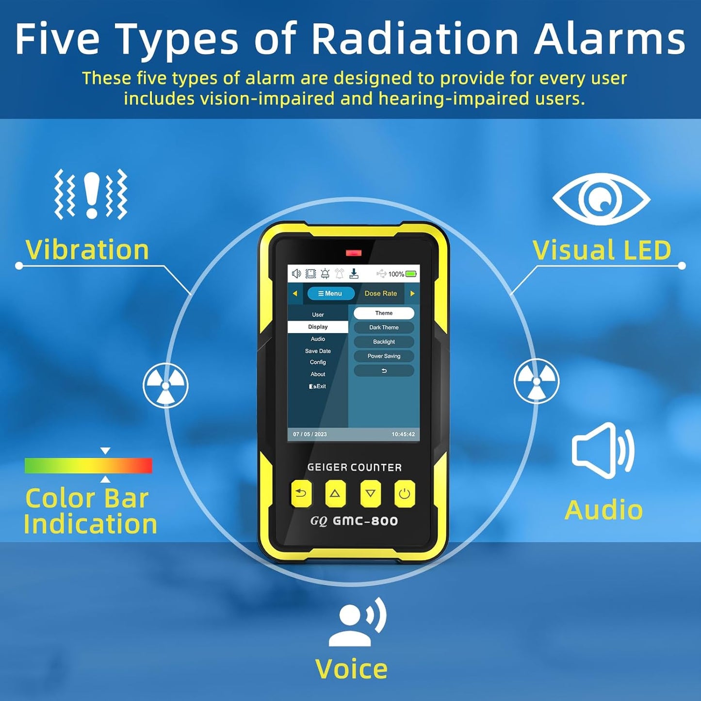 Nuclear Radiation Detector GQ GMC-800 USA Design Product US National Standard Large Color LCD Display 5 Alarm Types Dosimeter Data Save & Global Share Beta Gamma X-ray Portable Multifunction Device