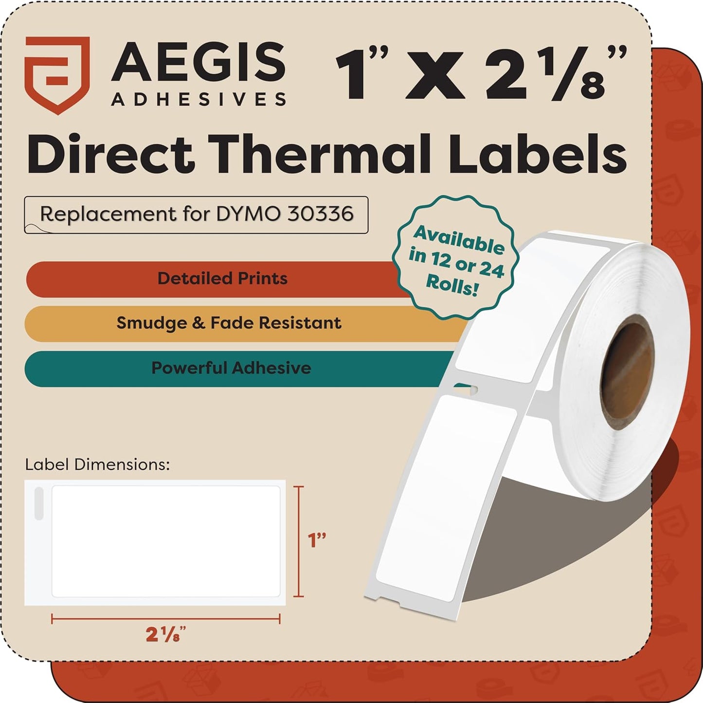 Aegis Adhesives - 1" X 2-1/8" Replacement for DYMO 30336 (12 Rolls/6000 Labels) Direct Thermal Address Barcode Labels - Compatible with LabelWriter 450, 450 Turbo, 4XL Printers (NOT 550, 5XL)