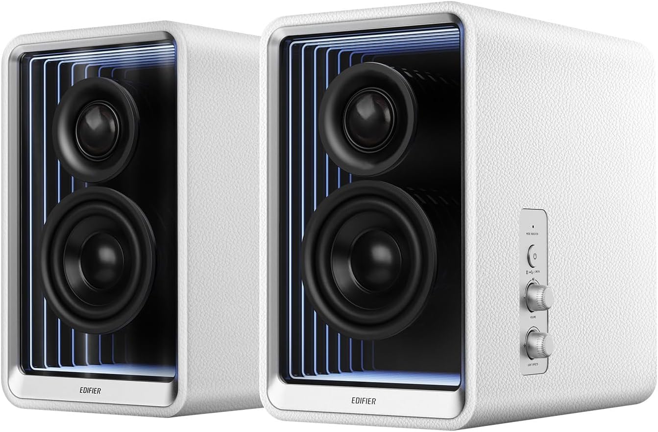 Edifier QR65 Desktop Active Monitor with 2.75" Long-Throw Aluminum Diaphragm mid-Low Drivers, Hi-Res Audio, Brilliant Light Effects, 70W Output Power Bluetooth Speakers with Stands - White