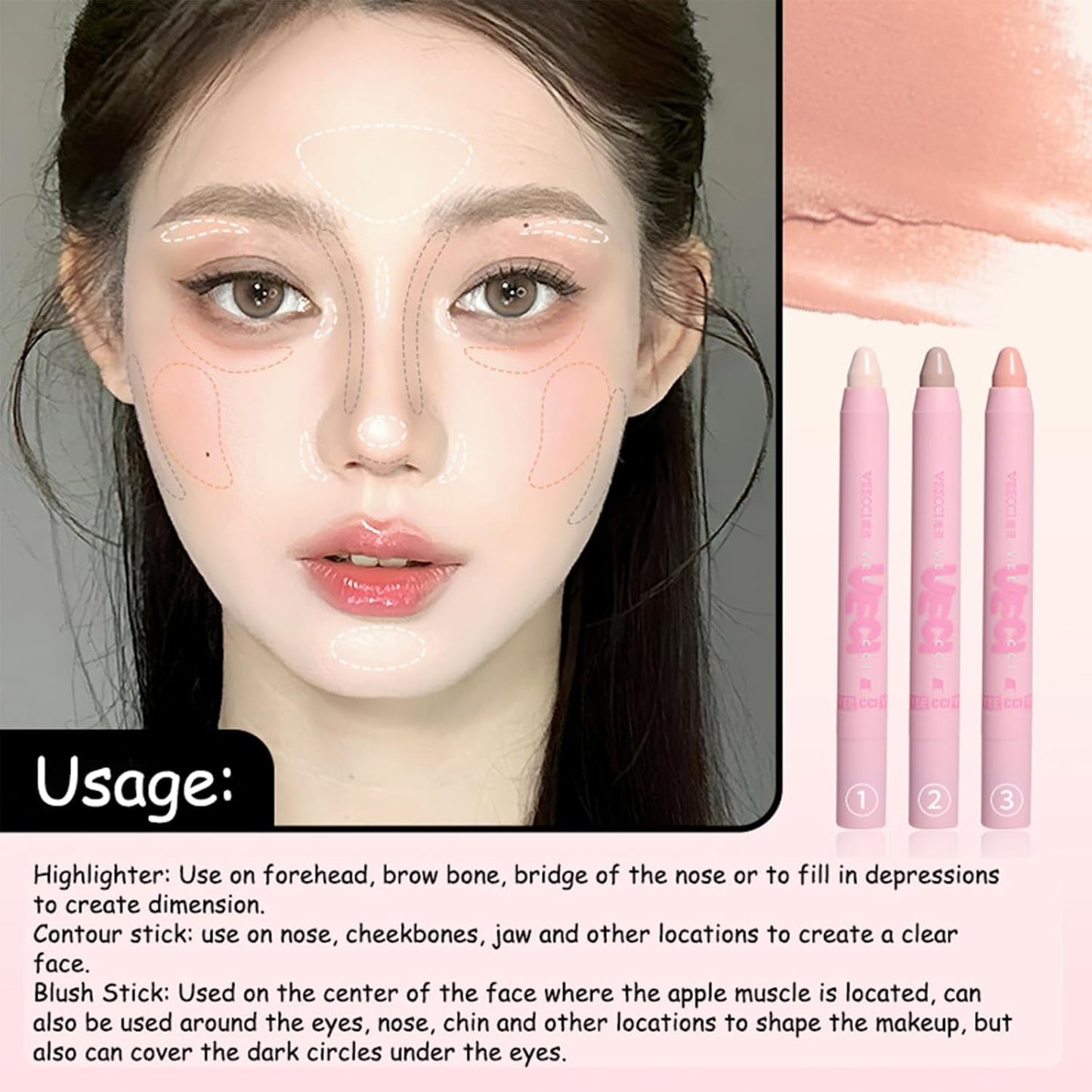Highlighter Stick - Creamy Contour & Blush Stick with Brush, Moisturizing, Long-Lasting, Buildable Color for Easy Sculpting, Highly Pigmented Matte Finish, Ideal for Foundation & Concealer