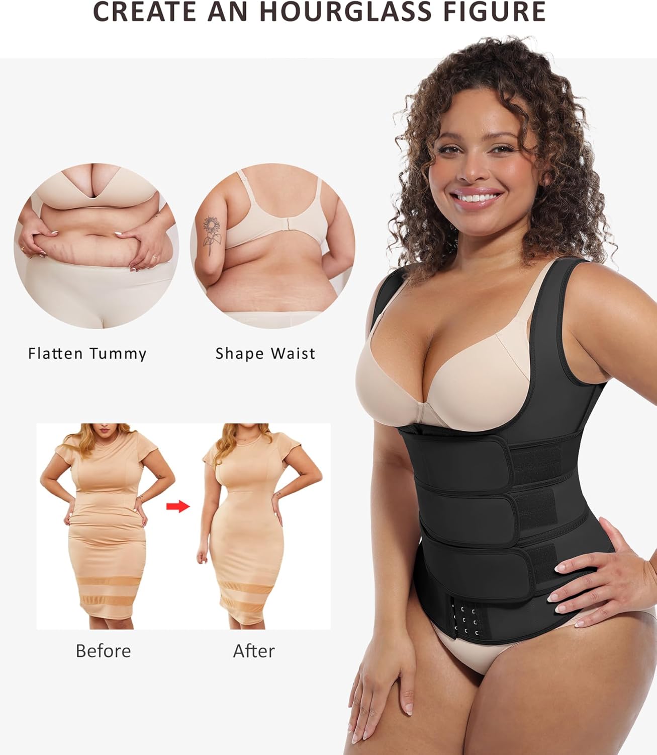 FeelinGirl Waist Trainer for Women Latex Waist Trainers Vest Plus Size Waist Cincher Corset 3 Belts Hooks Steel Bones