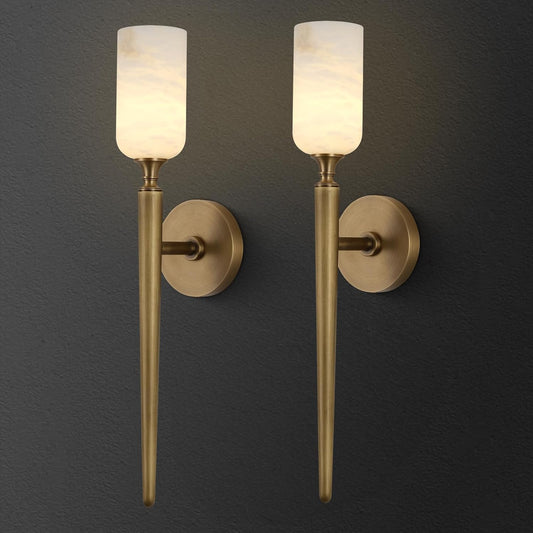 Alabaster Wall Sconces Set of Two, 22in Modern Spanish Natural Marble Bathroom Vanity Sconces, Brass Alabaster Sconce Wall Lighting, Gold Wall Light Fixtures Decor for Bedroom Living Room Staircases