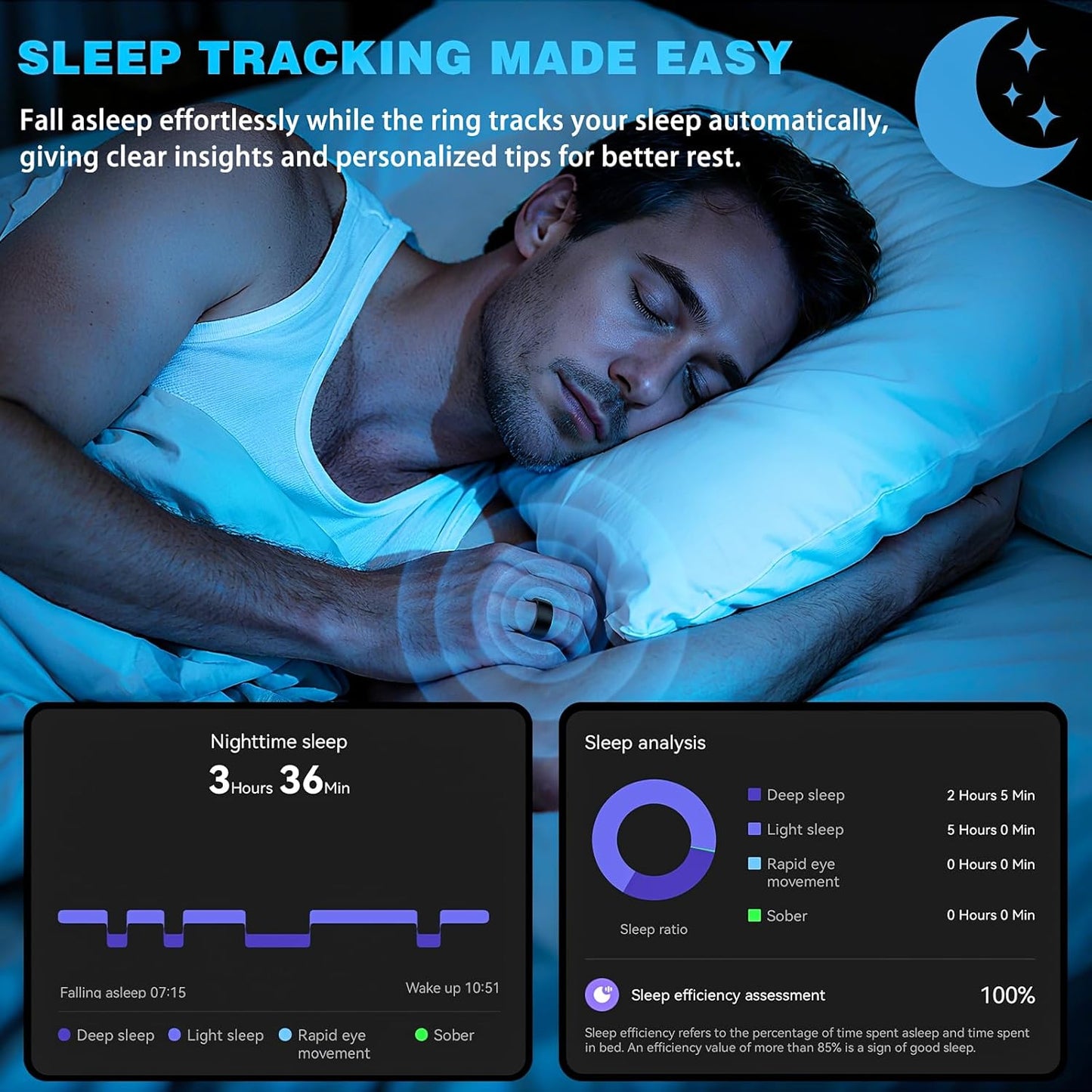 Smart Ring Health Tracker for Men Women - Sleep Tracker with Heart Rate, SpO2, Smart Health Ring for Women Men with Step Counting, IP68 Waterproof (Black 8)