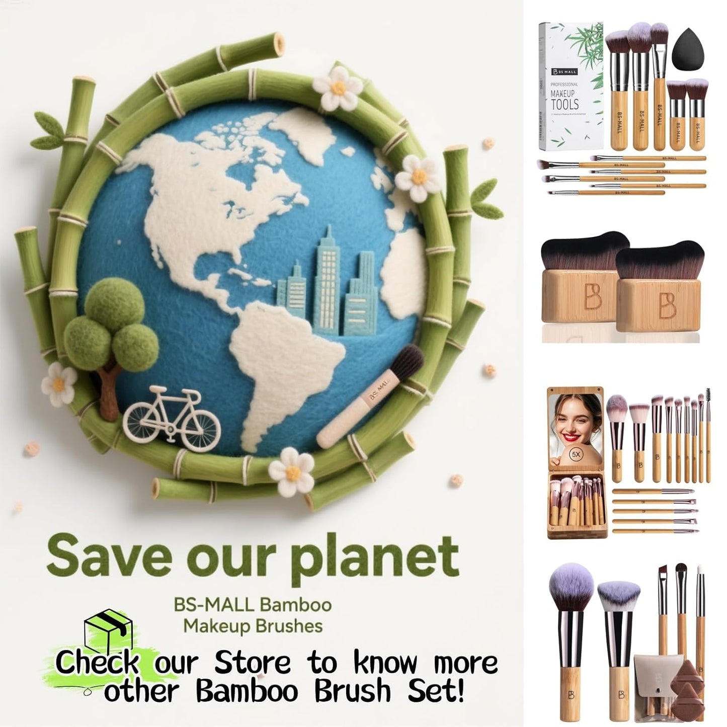 BS-MALL Makeup Brush Set 11Pcs Bamboo Synthetic Kabuki Brush Set Foundation Powder Blending Concealer Eye shadows Blush Cosmetics Brushes with Organizer Bag & Makeup Sponge