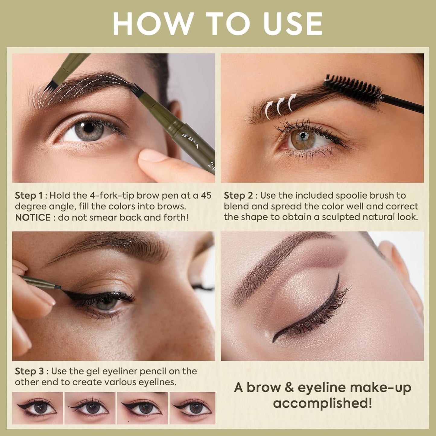 UCANBE Eyebrow Pencils for Women with Spoolie Brush, Dual-Ended Eyebrow Pen with 4-Fork-Tip & Gel Eyeliner, Microblading Brow Pen with Eyeliner Pencil + Brow Brush for Hair Like Brows, Soft Black