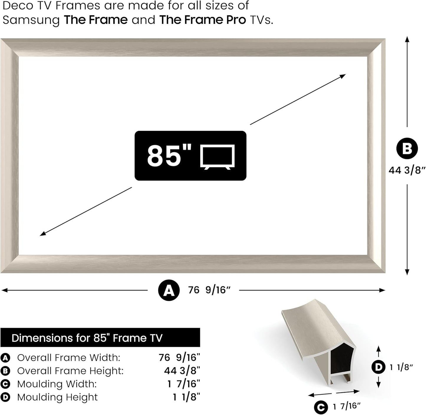 German Silver Prismatic 85" Alloy Deco TV Frame - Compatible ONLY with Samsung The Frame TV and Pro TVs (Fits 2021-2025, LS03A, LS03B,LS03C,LS03D,LS03FA,LS03FW)