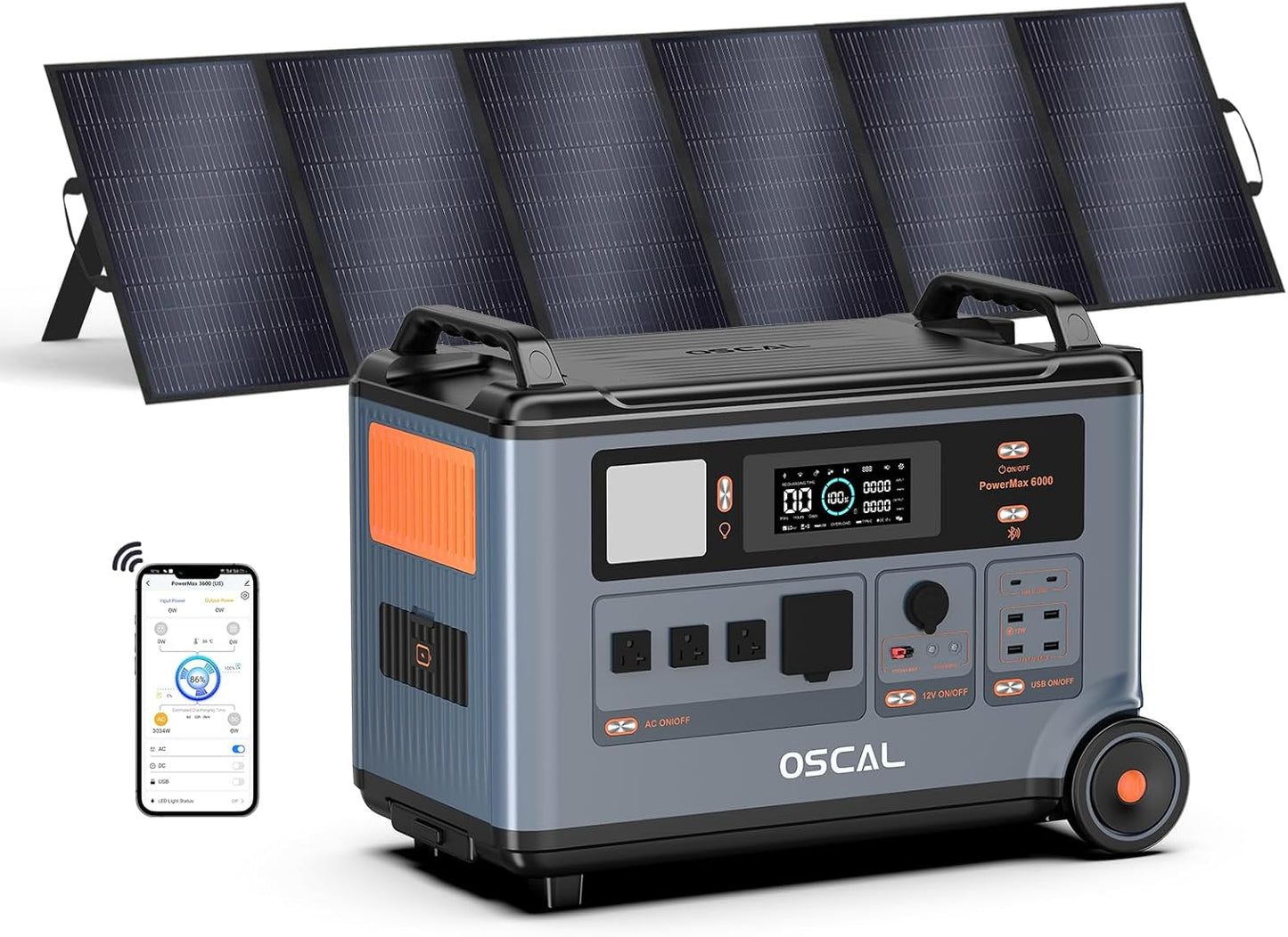 OSCAL PowerMax 6000 Solar Generator with 500W Solar Panels, 120/240V Split Phase Voltage 6000W AC Outlets (9000W Peak), 3600Wh Power Station Expandable to 57.6kWh, Emergency for Home