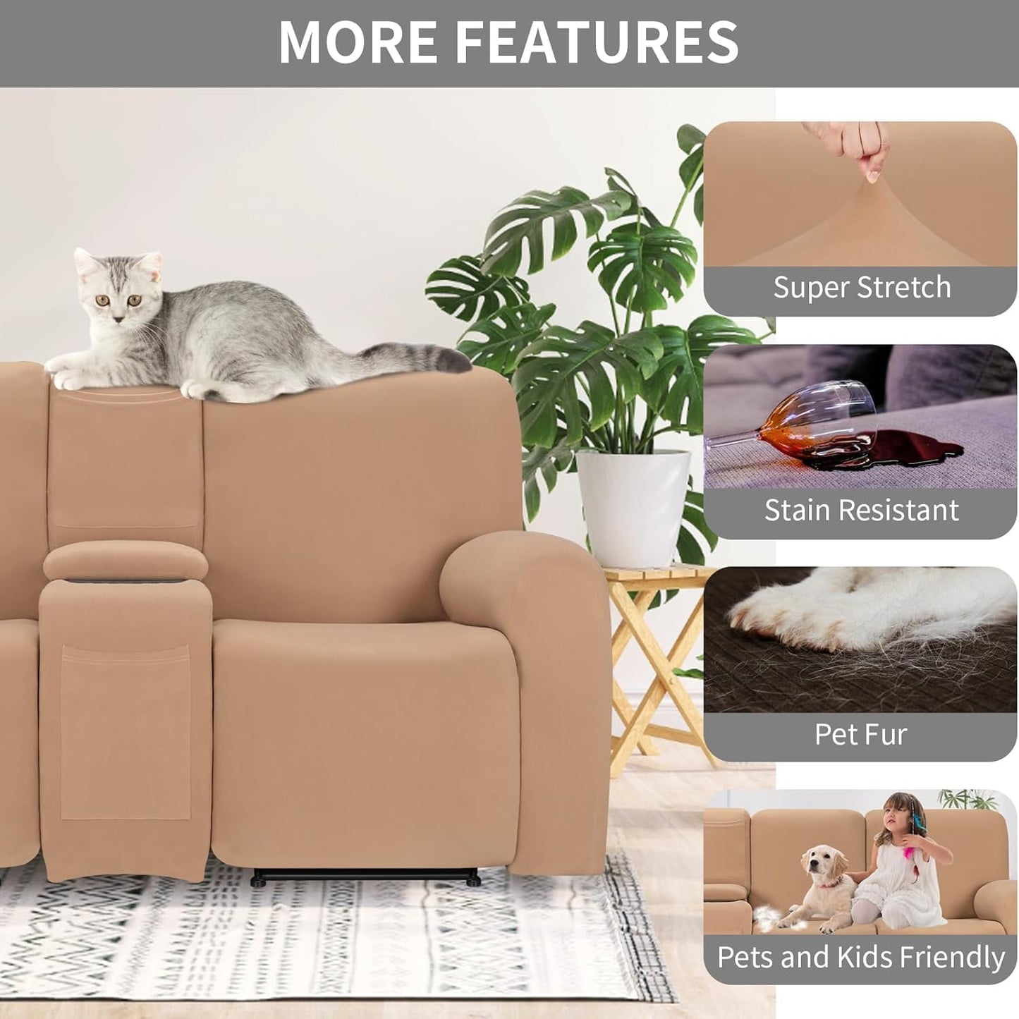 Easy-Going 100% Waterproof Recliner Cover, Stretch Couch Covers for Reclining Couches, Extra Large Sectional Sofa Slipcover, L-Shape Furniture Protector for Kids & Pets, 5 Seater, Camel