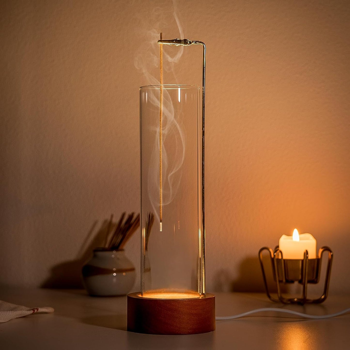 Incense Holder for Sticks, USB Powered Luminous Base, Anti-Ash Flying Incense Burner with 30 Incense Sticks, Detachable Glass Ash Catcher