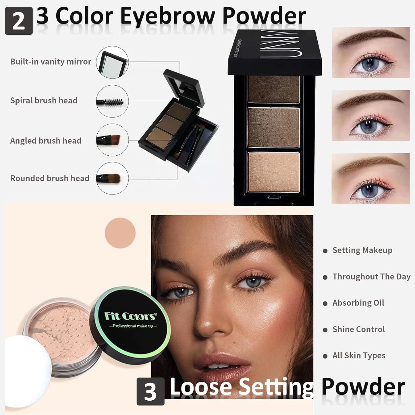 All In One Makeup Essential Starter Kit for Beginners or Pros, 18 Colors Naked Eyeshadow Palette Nude Face Primer, Brush, Sponge, Eyebrow Powder, Winged Eyeliner Stamp (SetA)