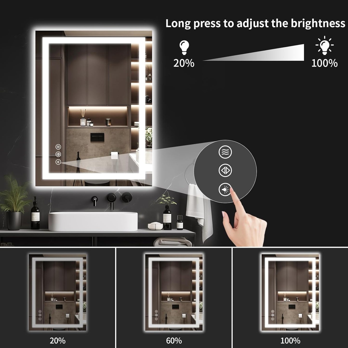 40"x30" LED Bathroom Mirror with Lights, Dimmable, Anti-Fog, Lighted Bathroom Vanity Mirror for Wall, Backlit + Front Lit, Memory Function, Shatter-Proof, Tempered Glass
