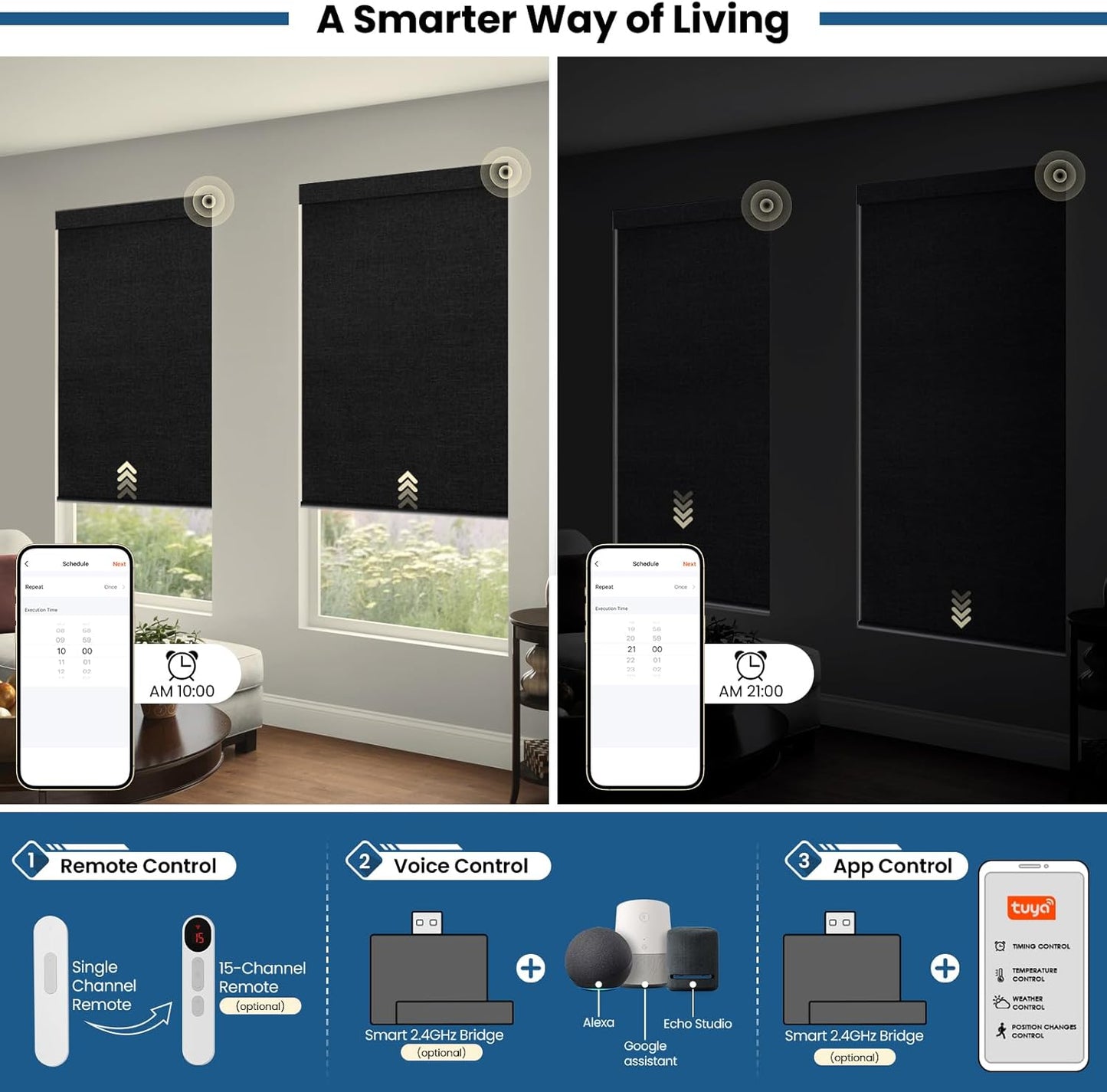 No Drill Motorized Blinds with Remote, Blackout Automatic Blinds with Solar Panel, Cordless Smart Electric Roller Shades for Windows, Black, 34½ x 72