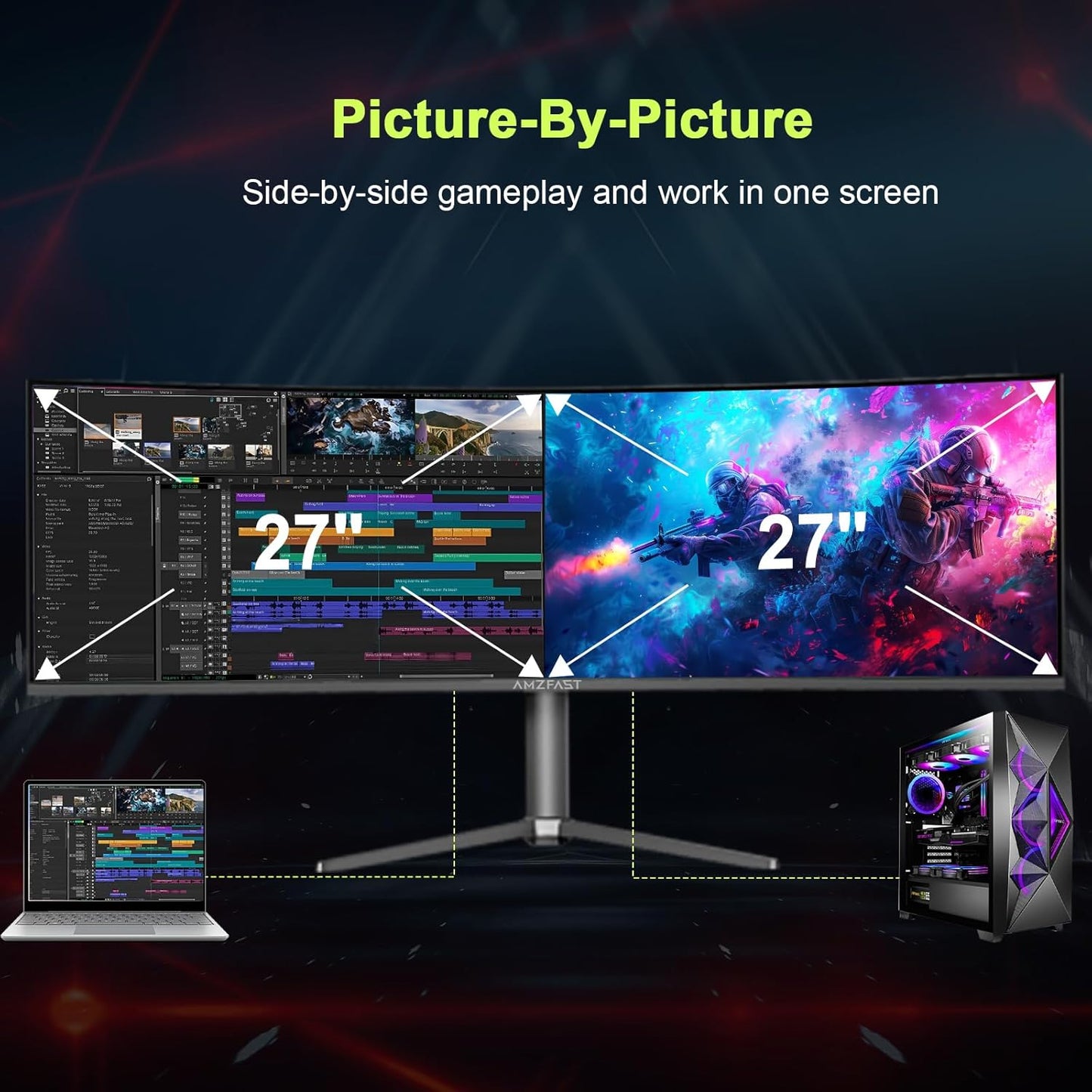 Amzfast 49 Inch Curved Monitor 120Hz DQHD 5120x1440p Ultrawide Gaming Monitor, 120% sRGB, 1500R, 1ms MPRT, HDR10, Adaptive Sync, PIP/PBP, Height Adjustable, HDMI 2.0/DP 1.4, VESA 75x75, AMZG49C7U