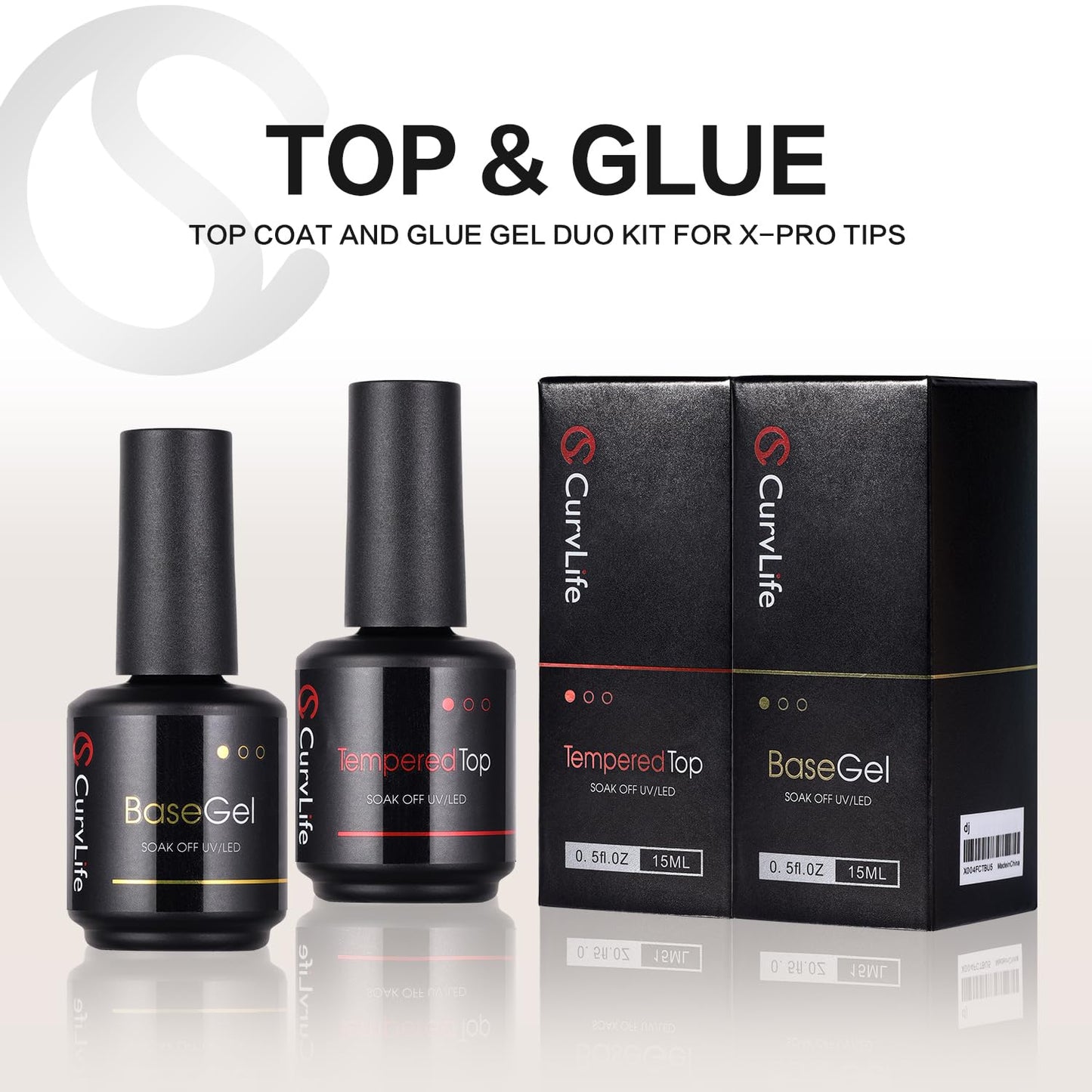 CurvLife 15ml No Wipe Top Coat Clear Glossy Gel Tips Base and 15ml Top Coat Set Soak off UV LED Drying Long Lasting Shiny nail gel polish