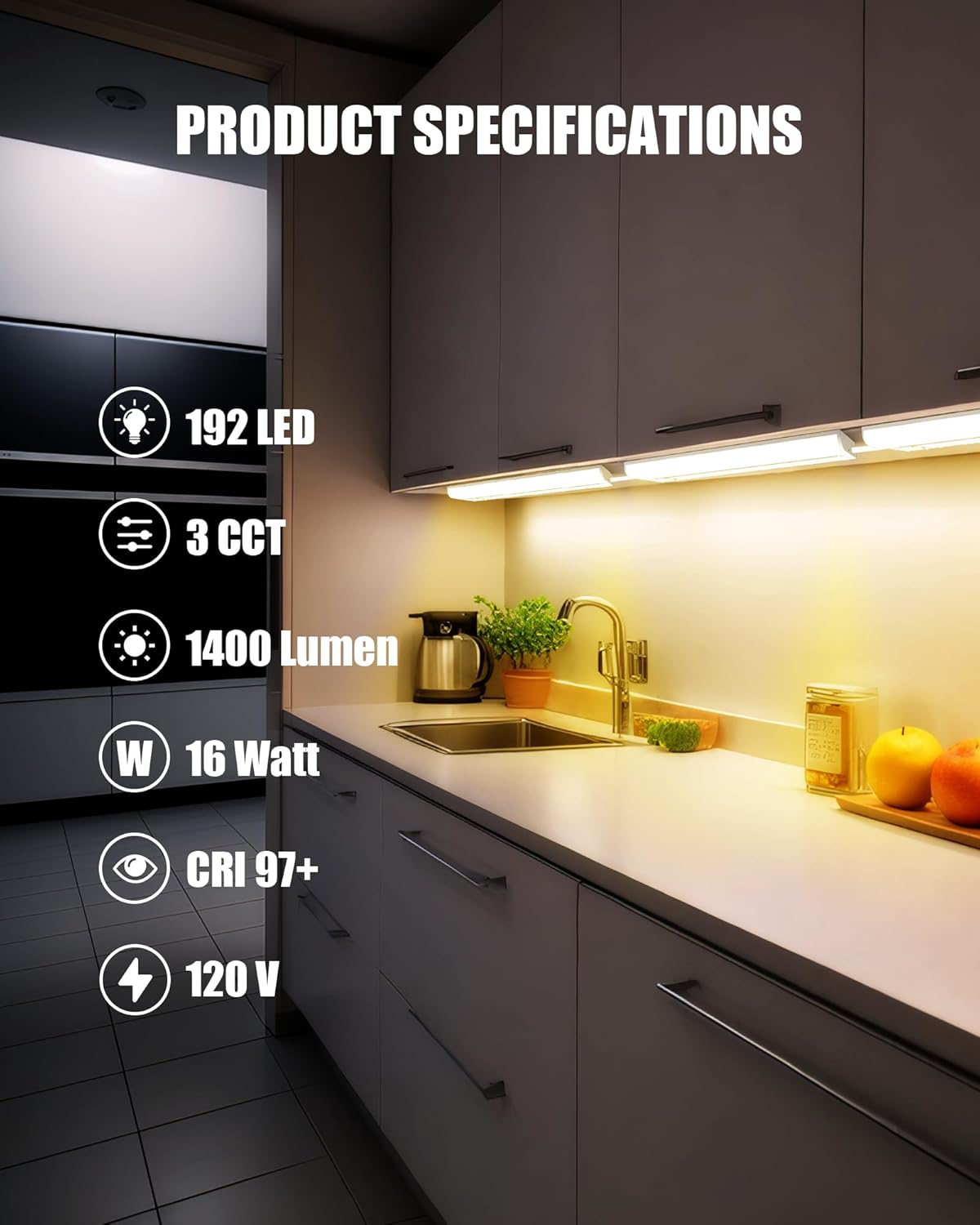 24 Inch Hardwired Under Cabinet Lighting, 3 Color Setting Dimmable LED Under Cabinet Lights Wired, 1400LM Linkable Under Counter Lights for Kitchen, 16W, CRI>97