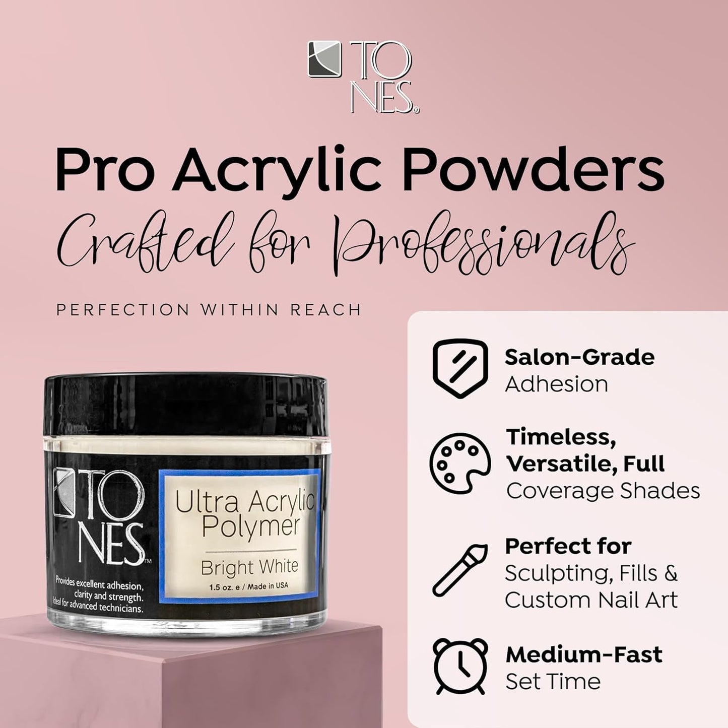 Tones Pro Acrylic Nail Powder, Sparkling Bright White (Opaque Off-White), (1.5 Fl Oz) - Long-Lasting & Non-Yellowing Polymer for Salon Quality Nail Extensions & 3D Art