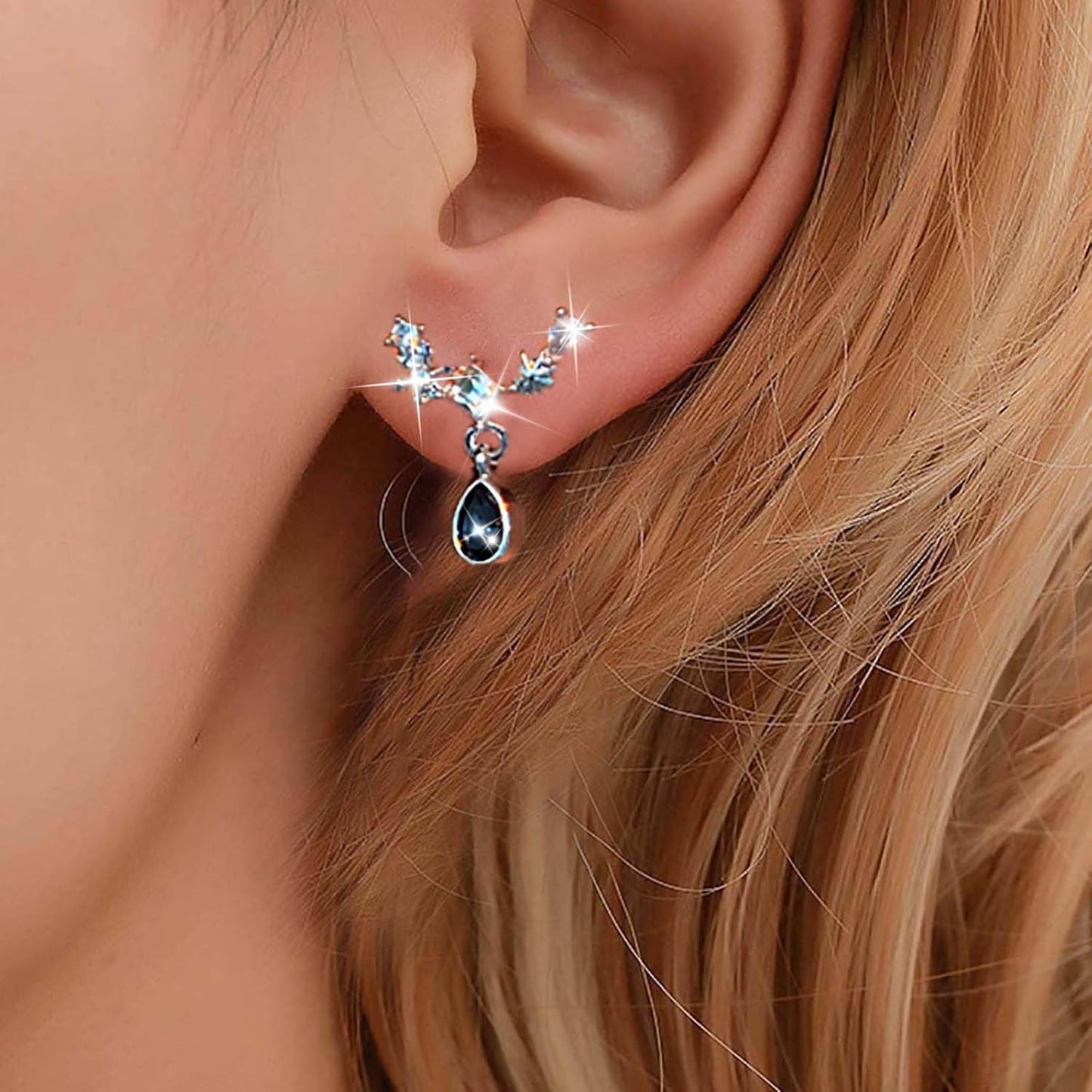 Vintage Teardrop Sapphire Earrings Crystal Climber Earrings Blue Sapphire Dangle Earrings Silver Sparkly Cz Rhinestone Earrings Jewelry for Women