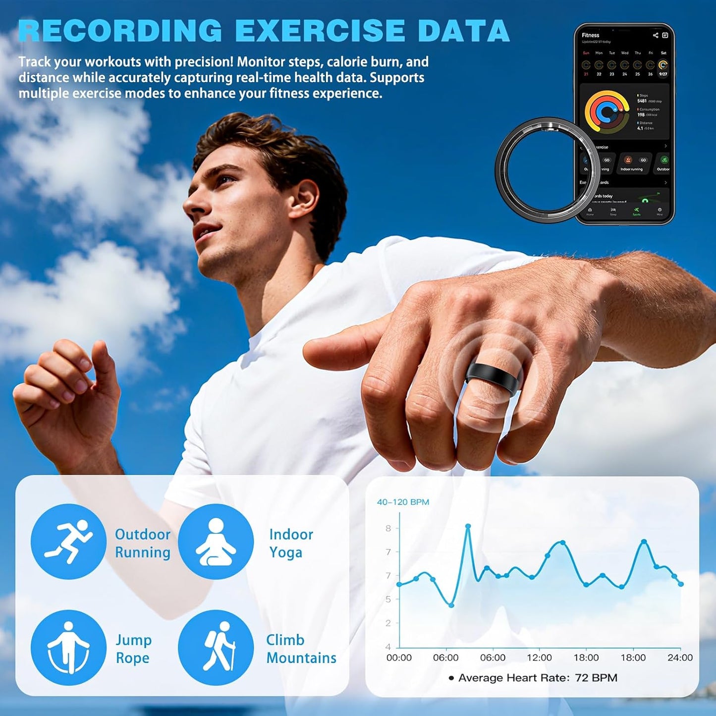 Smart Ring for Men Women, Fitness Ring with Sleep Tracker, IP68 Waterproof with Heart Rate, SpO2, Health Activity Trackers, Step Counting,Calorie Pedometer(Black 9)
