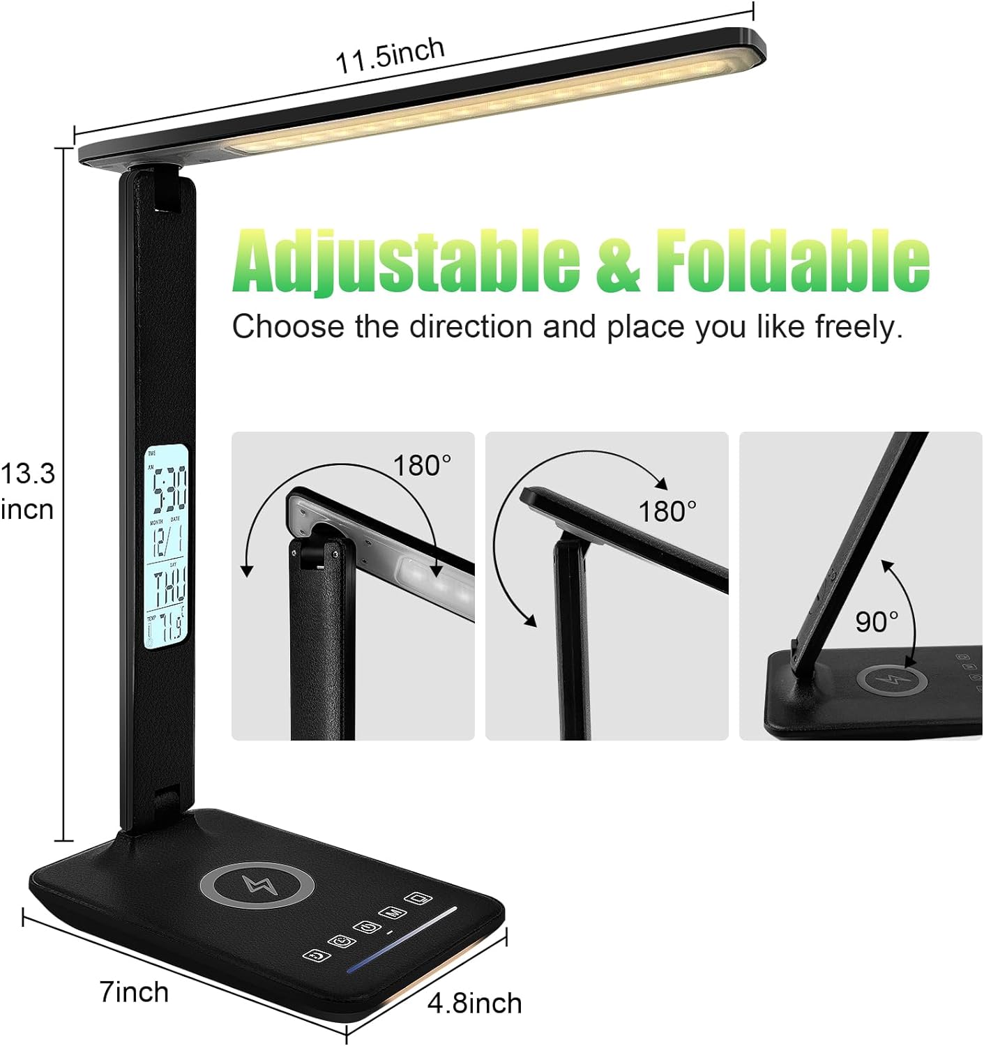 Desk Lamp, Desk Light with Wireless Charger, USB Charging Port, Dimmable Office Desk Lamp with Clock, Alarm, Date, Temperature, Foldable Table Lamp for Table Bedroom Bedside Office (Black PRO)