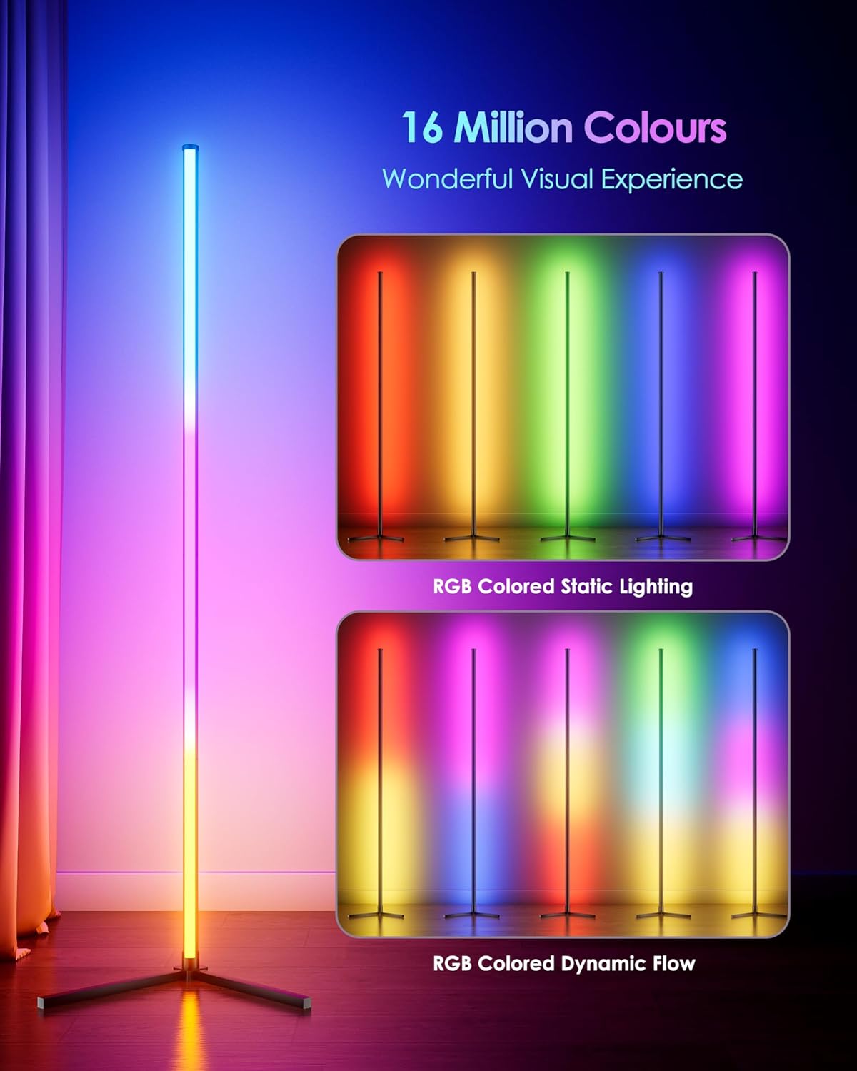 2PCS Corner Floor Lamp, 65" Smart RGB Color Changing LED Floor Lamp with APP and Remote Control, Modern Mood Lighting Corner Lamp with Music Sync, DIY Mode & Timing for Living Room Gaming Room