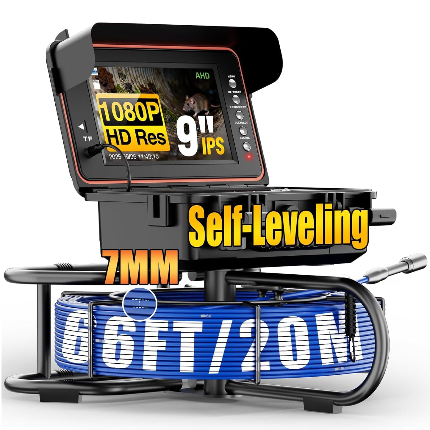 Sewer Camera, Self Leveling Drain Camera 66ft with Meter Counter, 9" HD Plumbing Cameras Snake with 12 LED Lights, 5100mAh Battery, IP68 & 32GB DVR Recorder, Duct Sewer Line Pipe Inspection
