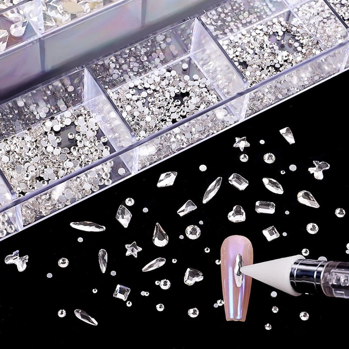 Nail Art Rhinestones, Nail Gems and Rhinestones Kit with Wax Pencil Flatback AB Rhinestones for Nails, Crafts, Makeup, Face, Clothes, Shoes