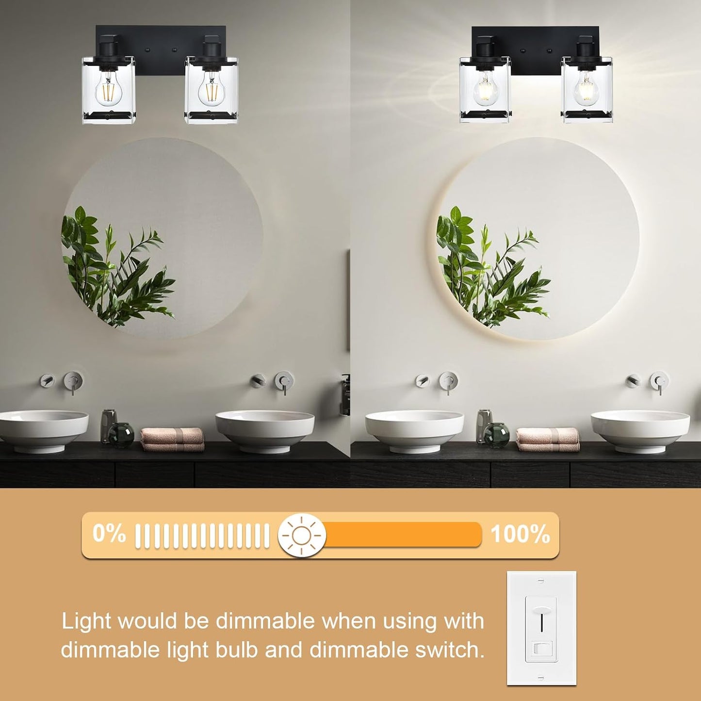 Black 2-Light Wall Sconce Bathroom Light Fixture, Rectangular Clear Glass Vanity Lighting Over Mirror, E26 Bulb Base