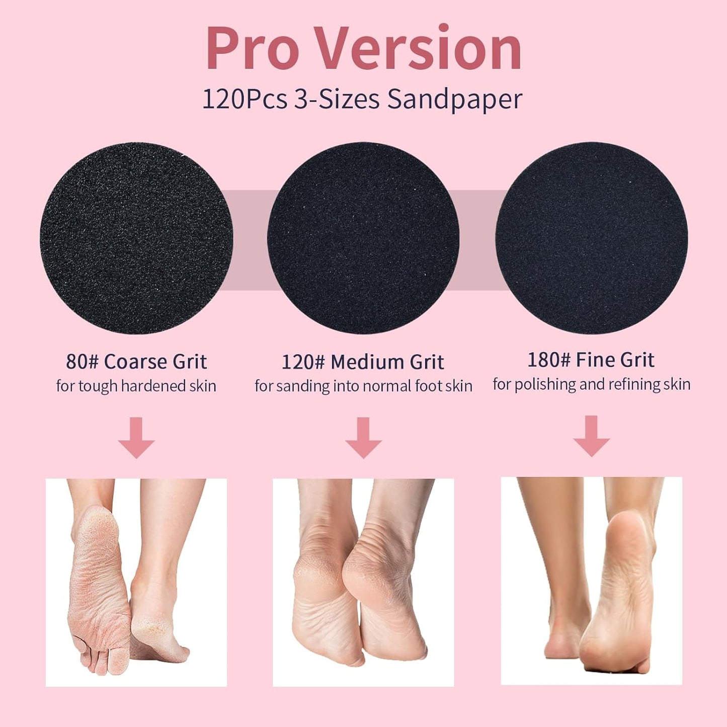 4.8IN Longer Electric Foot Callus Remover with 120pcs Sandpaper Discs, Professional Aluminum Callus Remover for Feet, Stepless Speed Control Pedicure Tools for Dead Skin (Pink-pro)