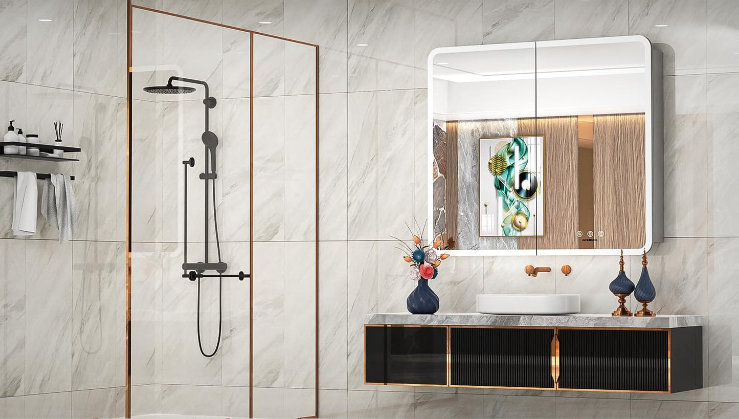 Medicine Cabinet with Lights, 36×32 Inch Bathroom Lighted Medicine Cabinet with Mirror, Defogger, Dimmer, LED Mirror Cabinet with RGB Backlit+3 Color Front Light, Wall Mounted