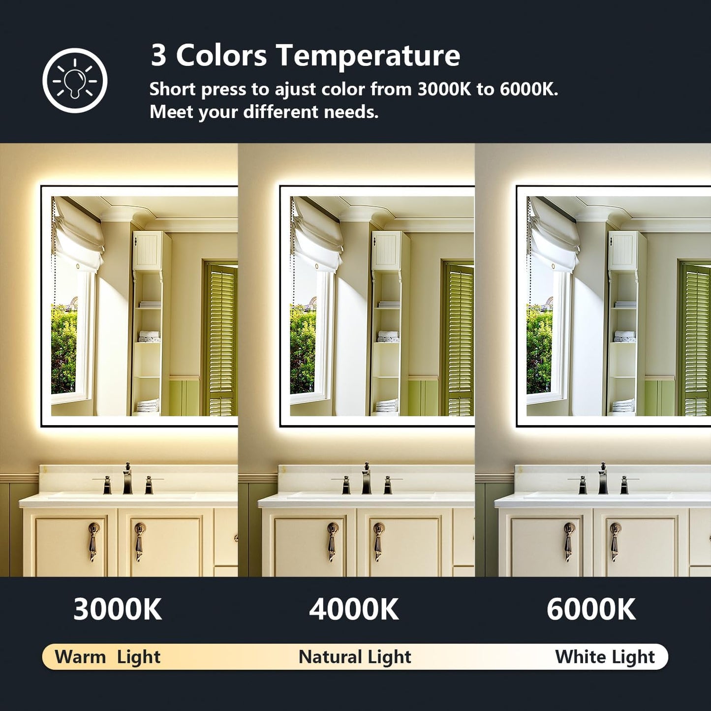 66x36 Inch LED Bathroom Mirror with Lights (Front Lit and Backlit) Black Framed Lighted Vanity Mirror for Bathroom Wall Dimmable Anti-Fog Memory Tempered Glass Horizontal/Vertical