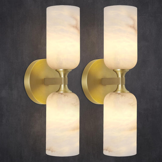 Alabaster Wall Sconces Set of 2, 14in Modern Spanish Natural Marble Vanity Light, Dimmable Hardwired Brass Gold Wall Sconce Lighting for Bathroom Mirror, Bedroom, Luxury Natural Stone Wall Fixtures