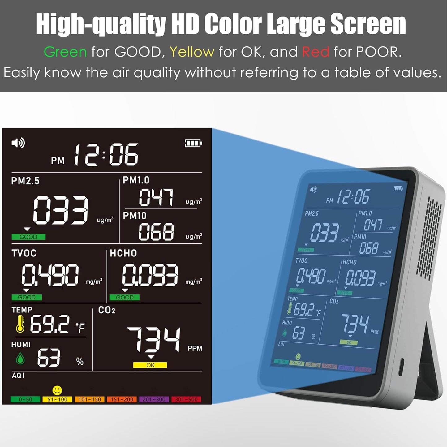Professional Indoor Air Quality Monitor with AQI Alarms, Portable Real-Time Detector for Home Cars Plants and Pets (Cold Grey)