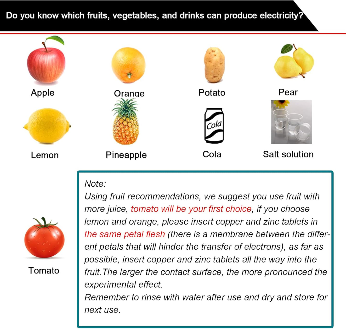 EUDAX Fruit Battery Science Experiment Kit with Electronic Clock and RGB LED for DIY Home Teaching Equipment, School Science Project, Education Subject