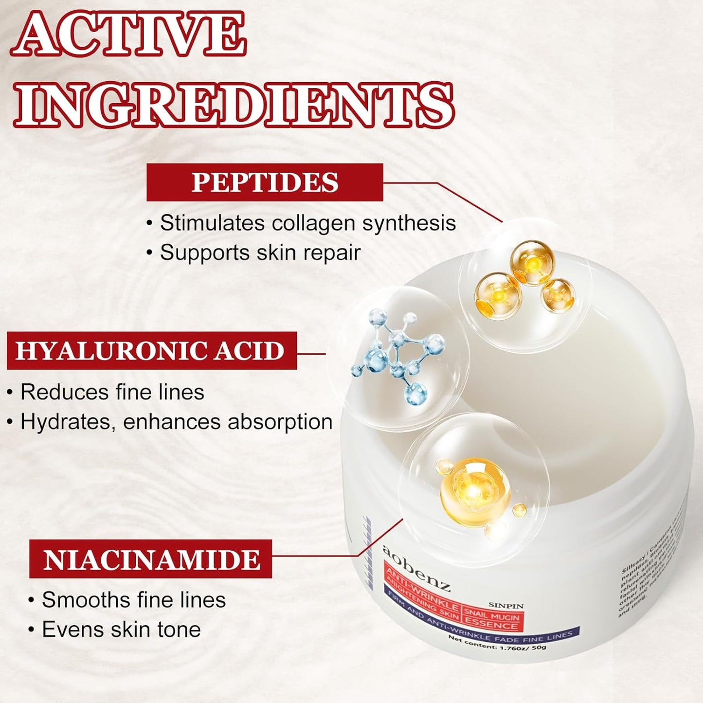 SINPIN aobenz Anti Aging Moisturizer Face Cream for Women & Men - Night Cream for Face & Neck | All Skin Types | Niacinamide + Hyaluronic Acid | Firming, Tightening, Anti Wrinkle, 1.76FL (1PCS)