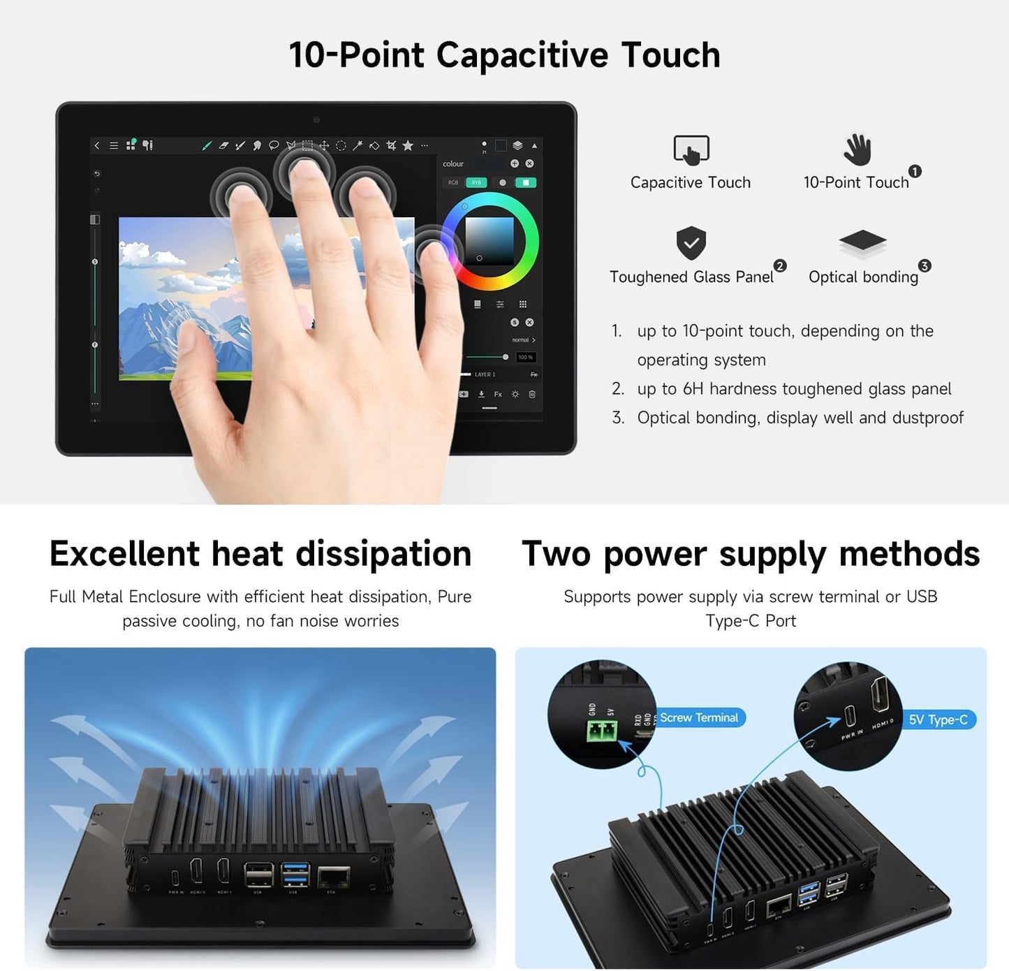 Industrial HMI All-in-one 10.1inch Touch Display Compatible with Raspberry Pi 4 (Included), Supports Dual 4K HDMI Output, 10-Point Touch, Aluminum Alloy Case @XYGStudy (PI4-HMI-101D)