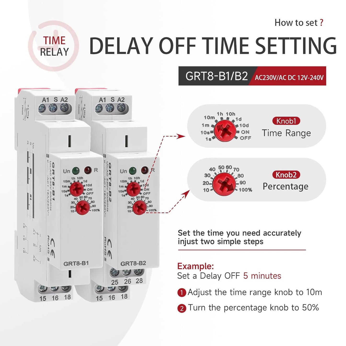 Delay Off Time Relay 16A Adjustable Smart Relay, Delay Turn Off Electronic Timer in Din Rail, 0.1s-10 Days Wide Range Delay Factory Automation Time Universal Voltage GRT8 B2 AC DC 12V 240V
