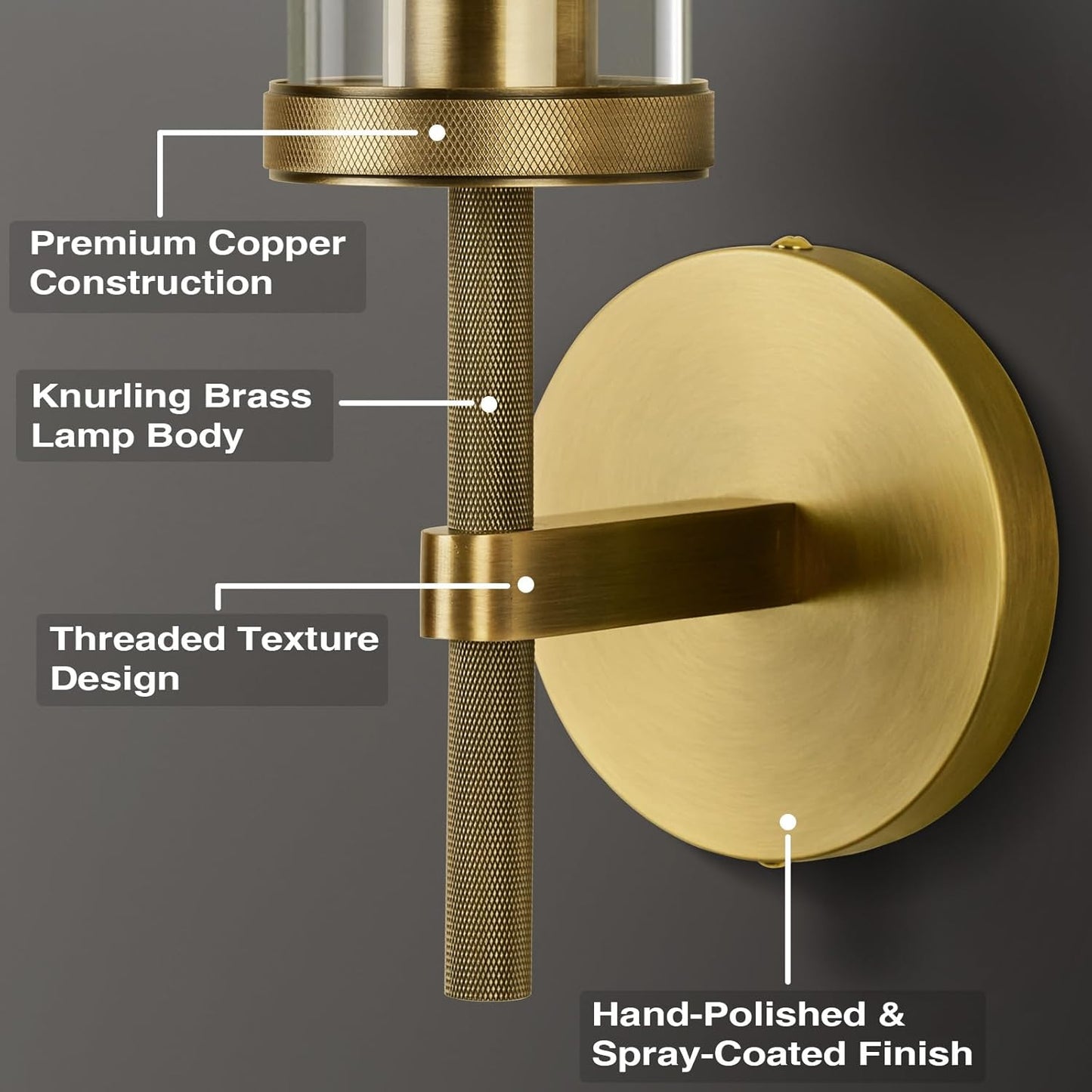 Brass Wall Sconces Set of Two, 19.48" Modern Wall Lighting with Clear Glass Tube, Bathroom Vanity Lights, Bronze Sconces Wall Lights for Bedroom, Living Room, Hallway, Staircase (Including Bulb)