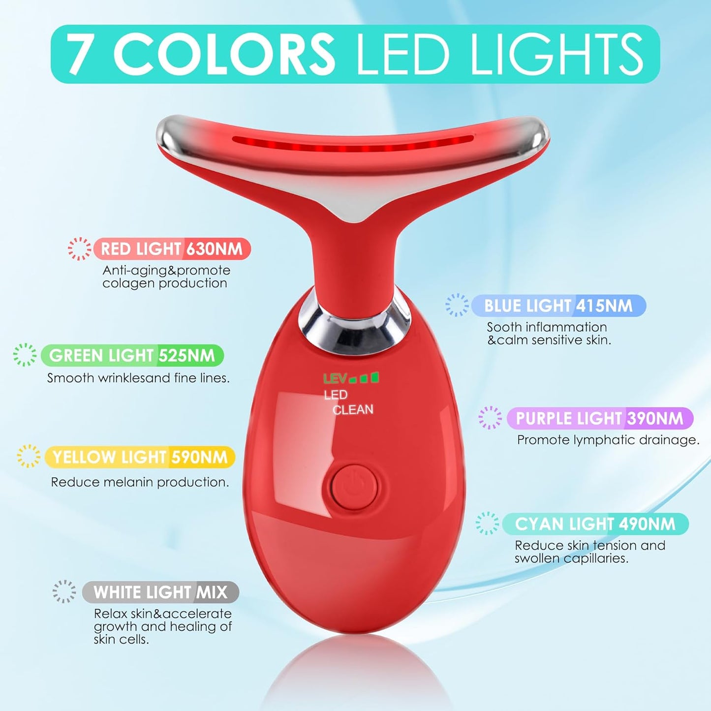 Facial Massager Red-Light-Therapy-for-Face and Neck, Face 𝖲 culpting Wand with 7 Color (Bright Red)