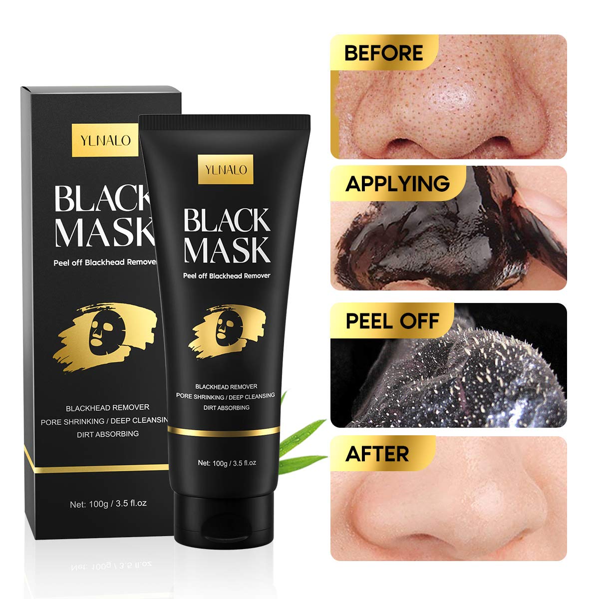 YLNALO Blackhead Remover Mask Kit, Charcoal Peel Off Facial Mask with Brush and Pimple Extractors, Deep Cleansing for Face Nose Blackhead Pores Acne, For All Skin Types (3.5 Fl.oz)