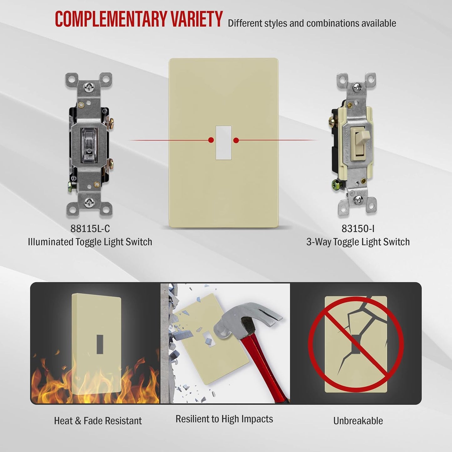 ENERLITES Screwless Toggle Switch Wall Plate, Child Safe Light Switch Cover, Standard Size 1-Gang 4.68" x 2.93", Unbreakable Polycarbonate Thermoplastic, UL Listed, SI8811-I, Glossy, Ivory
