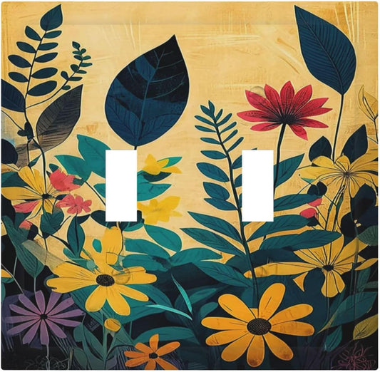 Abstract Minimalist Floral Botanical Boho Flower 2 Gang Double Toggle Light Switch Cover Decorative Switchplate Electrical Wall Plates Faceplate for Bathroom Bedroom Decor 4.9 X 5 IN