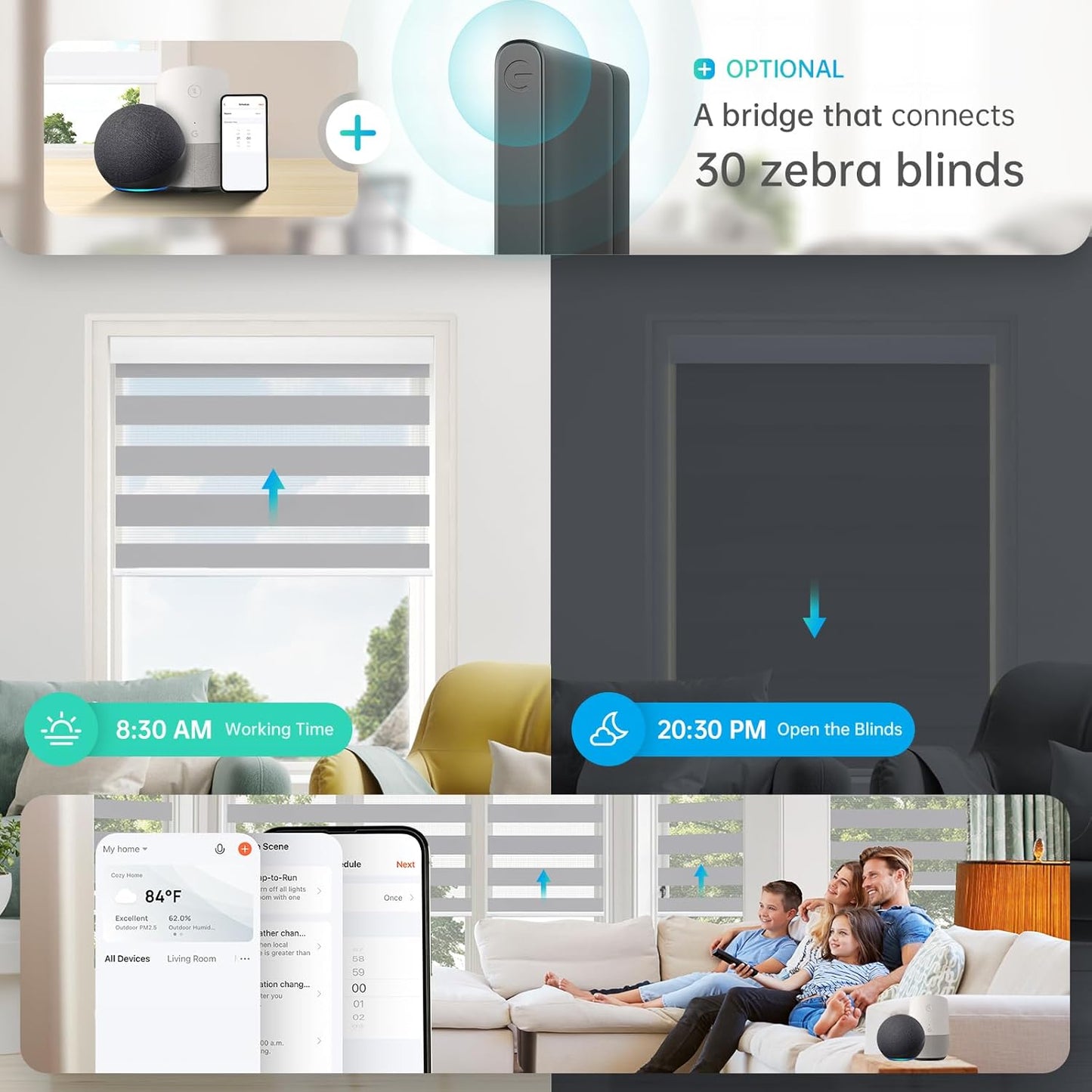 DENFOON Motorized Zebra Blinds, Solar Powered Dual Layer Automatic Shades with Remote Control, Rechargeable Smart Blinds Horizontal Wireless Electric Shades for Windows, Custom Size, Gray， 39 x 72