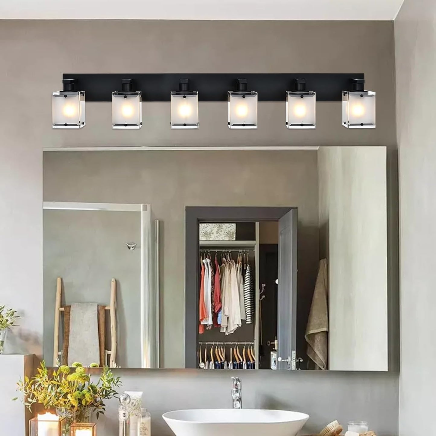 Bathroom Vanity Light Fixture, 6-Lights Modern Vanity Lighting Over Mirror with Frosted Glass Shades, Wall Mount Lamp for Bath Living Room, E26 Bulb Base