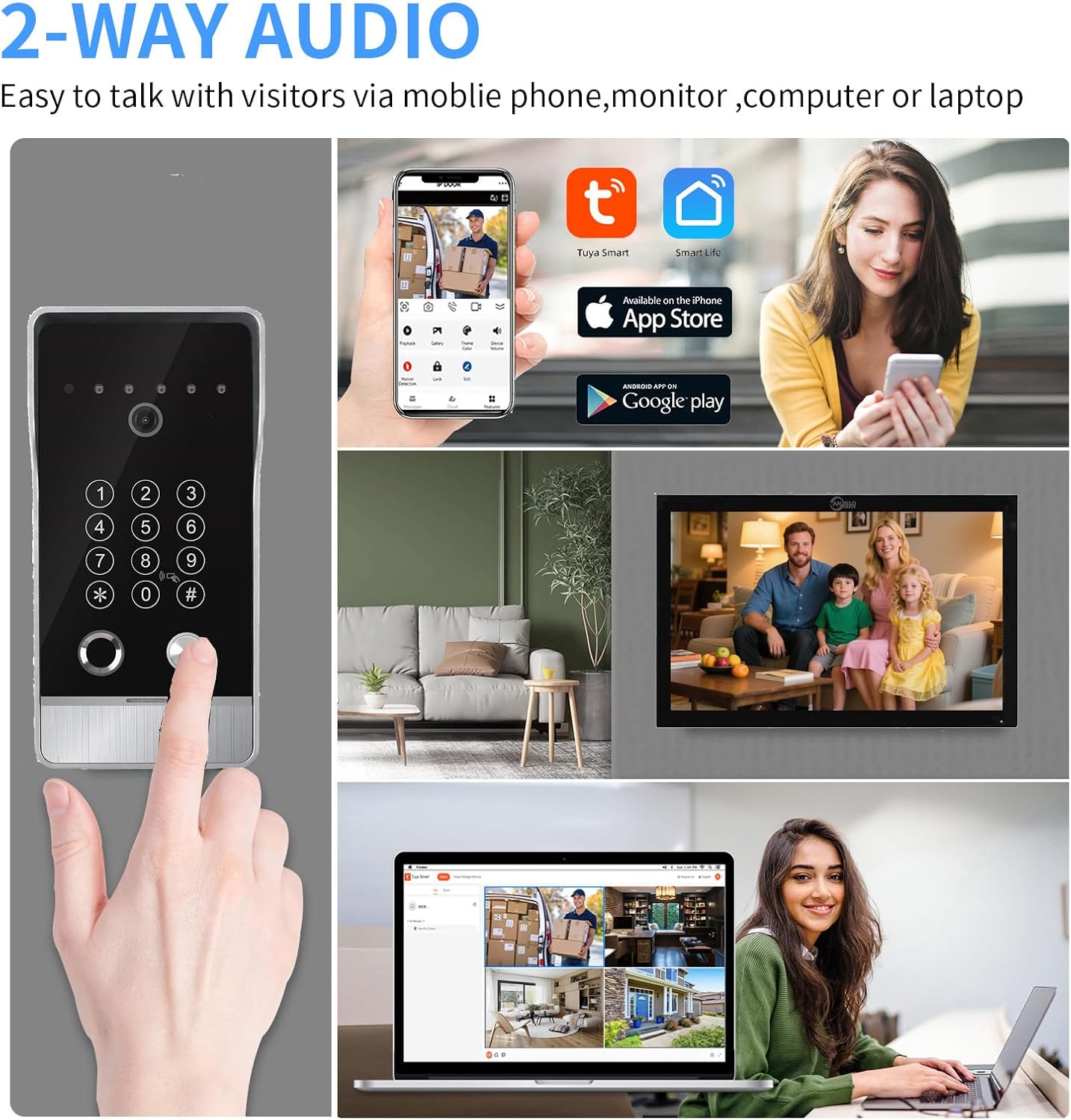 Wired Video Door Phone Apartment Intercom System,10 Inch Touch Monitor with 1080P doorbell,Support Fingerprints, RFID Cards,Passwords,Unlock Motion Detection for Home (1 Doorbell + 4 Monitor)