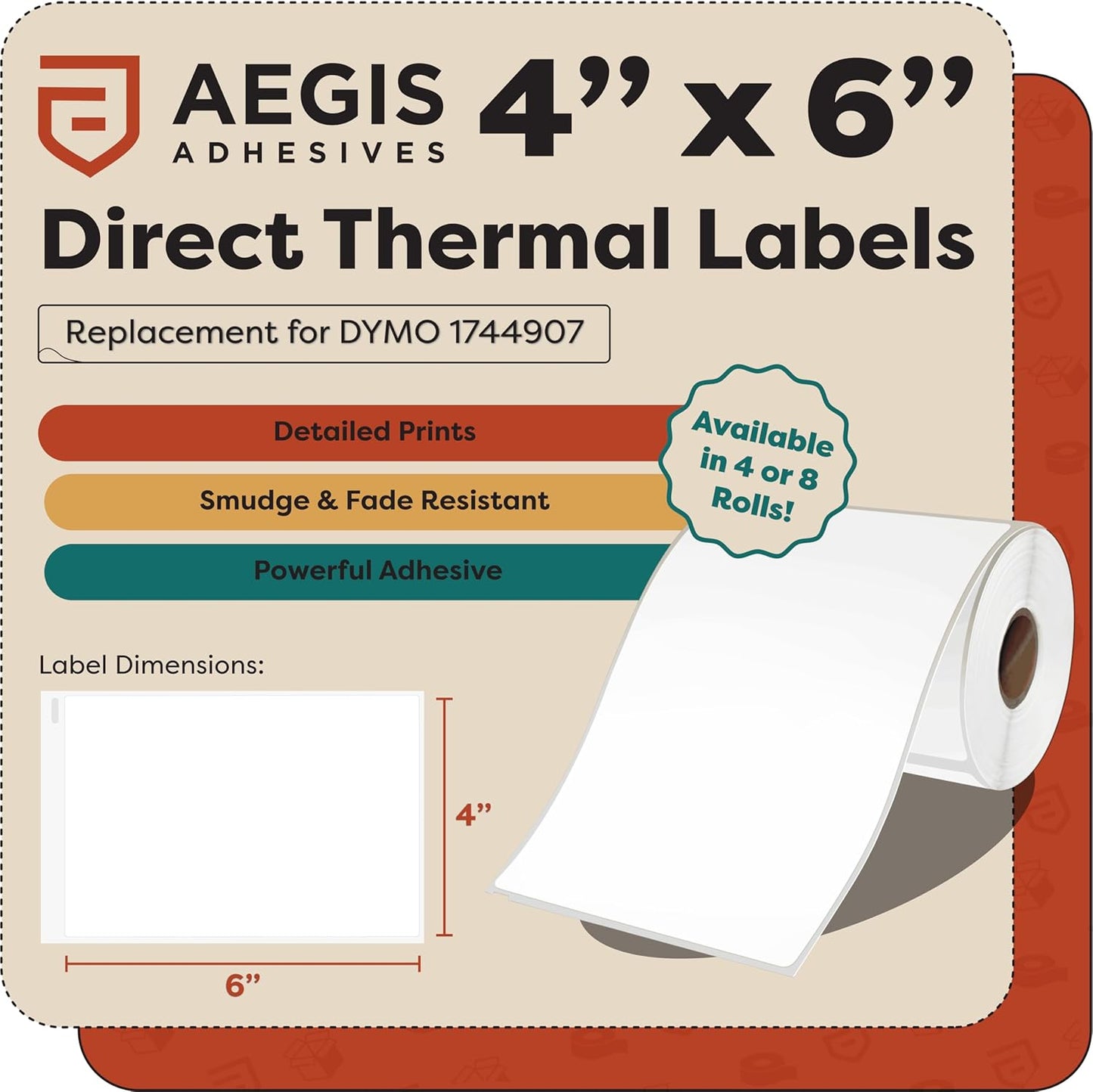 Aegis Adhesives - 4" X 6" Replacement for DYMO 1744907 (8 Rolls/1760 Labels) Direct Thermal Shipping Labels - Compatible with LabelWriter 4XL Desktop Printers (NOT Compatible with 5XL)
