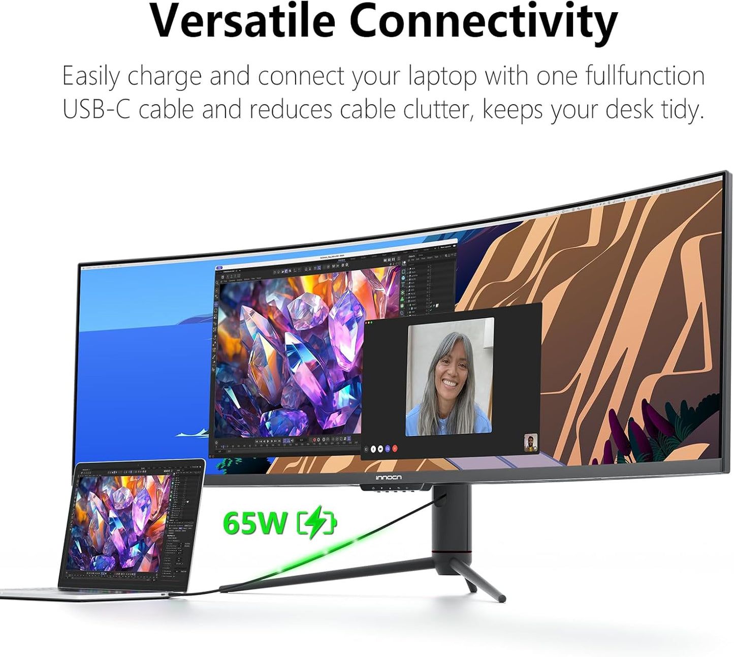 INNOCN 49" 240Hz Curved Monitor Ultrawide Gaming QHD 5120 x 1440P Computer Monitor, R1800, 99% sRGB, HDR400, USB Type C, DisplayPort, HDMI, Built-in Speakers, Height/Tilt Adjustable - 49C1S