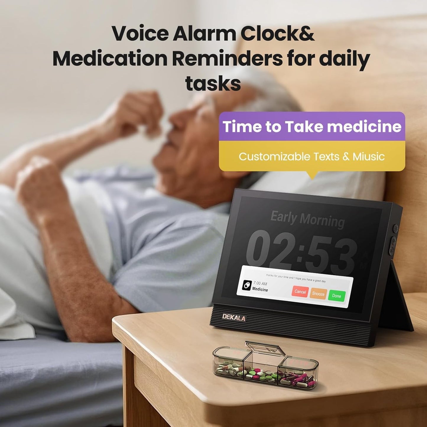 Dekala ClearTime 10.1" Large Display Digital Wall Calendar Clock, TouchScreen Voiced Alarm Clock for Bedroom Medication Reminder, WiFi Weather Display Auto DST for Adult Senior Dementia Heavy Sleepers