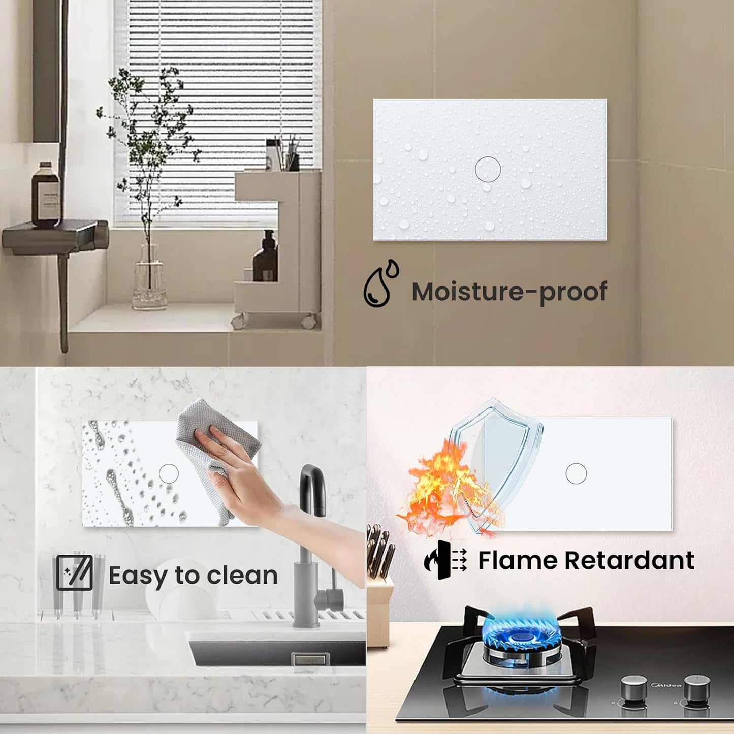 2 Way Light Switch 118X72X34MM No Neutral Wire, Wall Touch Switch 1000W, Tempered Glass Panel, FCC, White 1 Gang